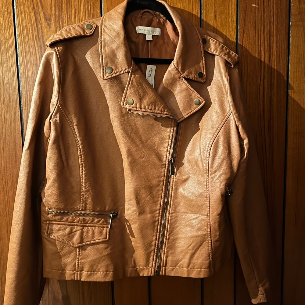 Faux Leather Cognac motto jacket. Sz.. XXLarge..